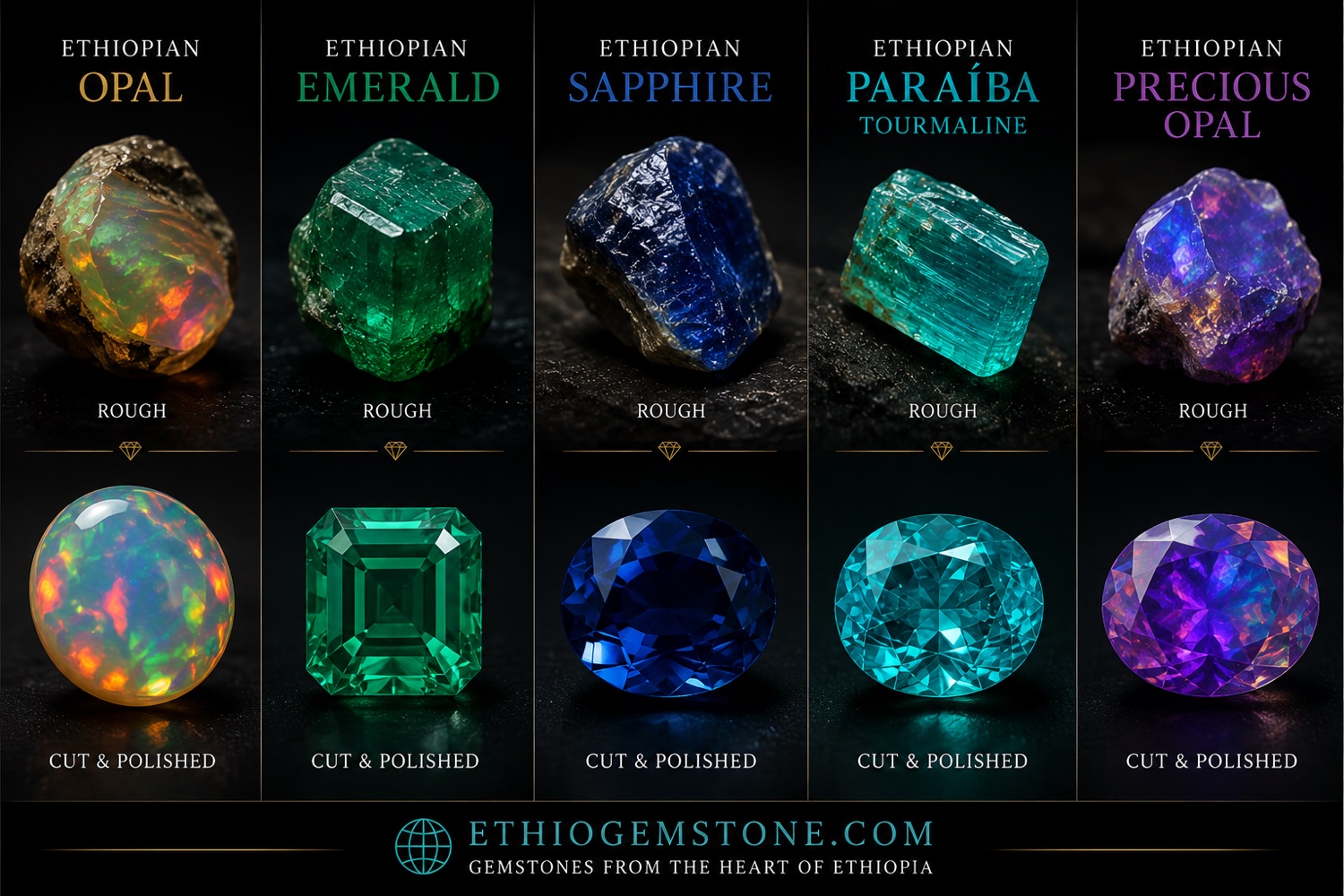 Ethiopian gemstones shown rough and cut and polished, including opal, emerald, sapphire and Paraíba tourmaline