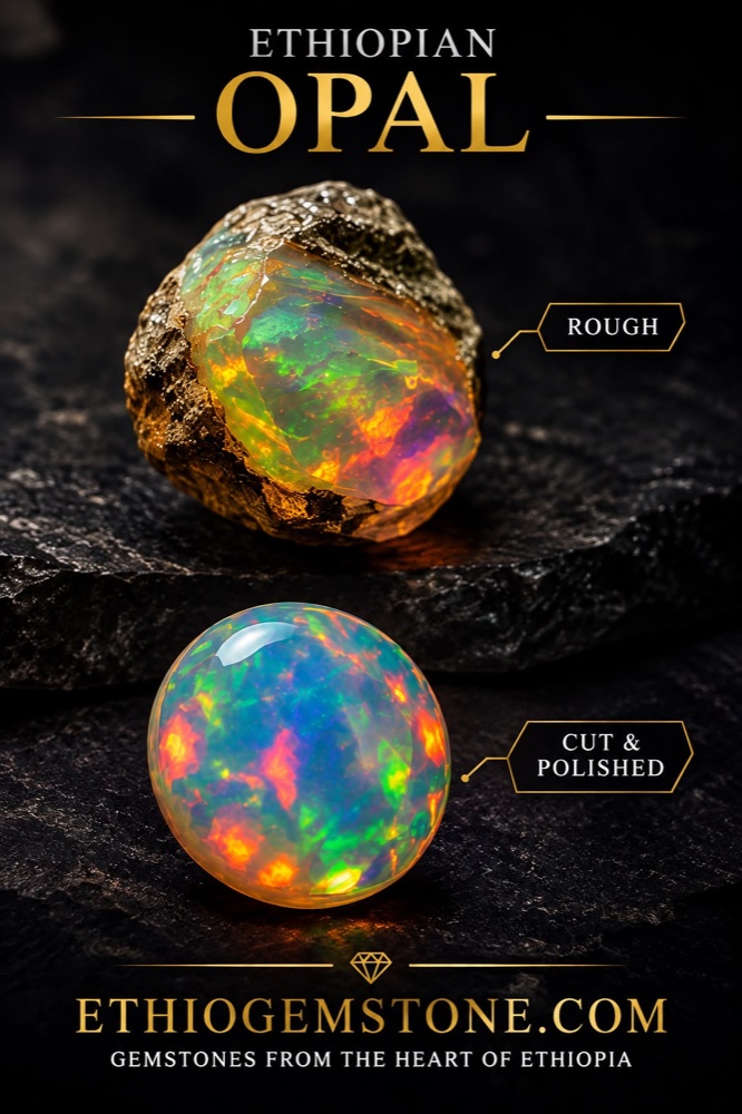 Ethiopian opal, rough and cut and polished