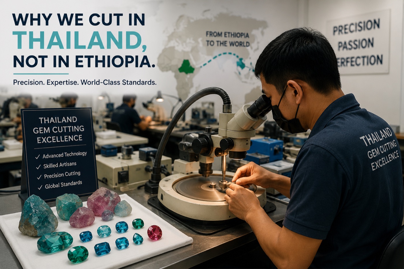 Gemstone cutting and polishing in a professional Thailand workshop