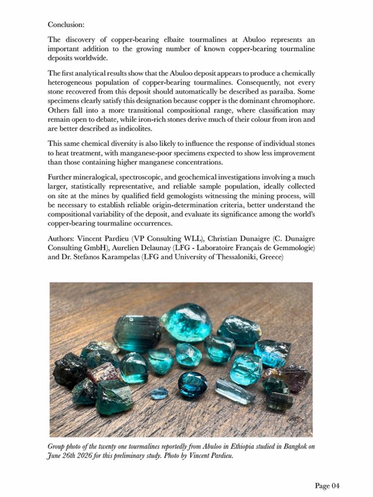 Page from the Ethiopian Paraíba tourmaline study report, Abuloo, June 2026